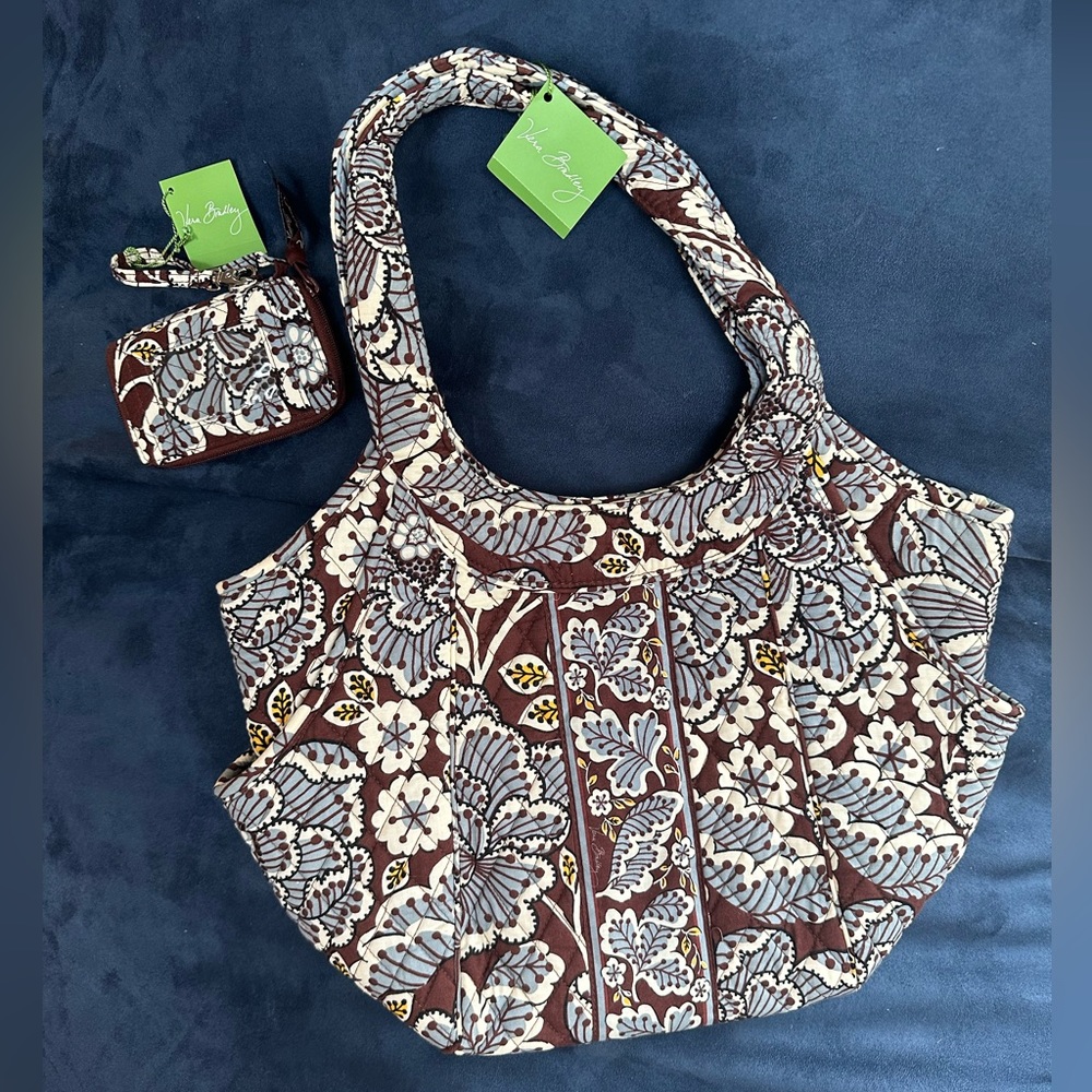 Vera Bradley “Side by Side” Bag w/ matching Wristlet in Slate Blooms Pattern